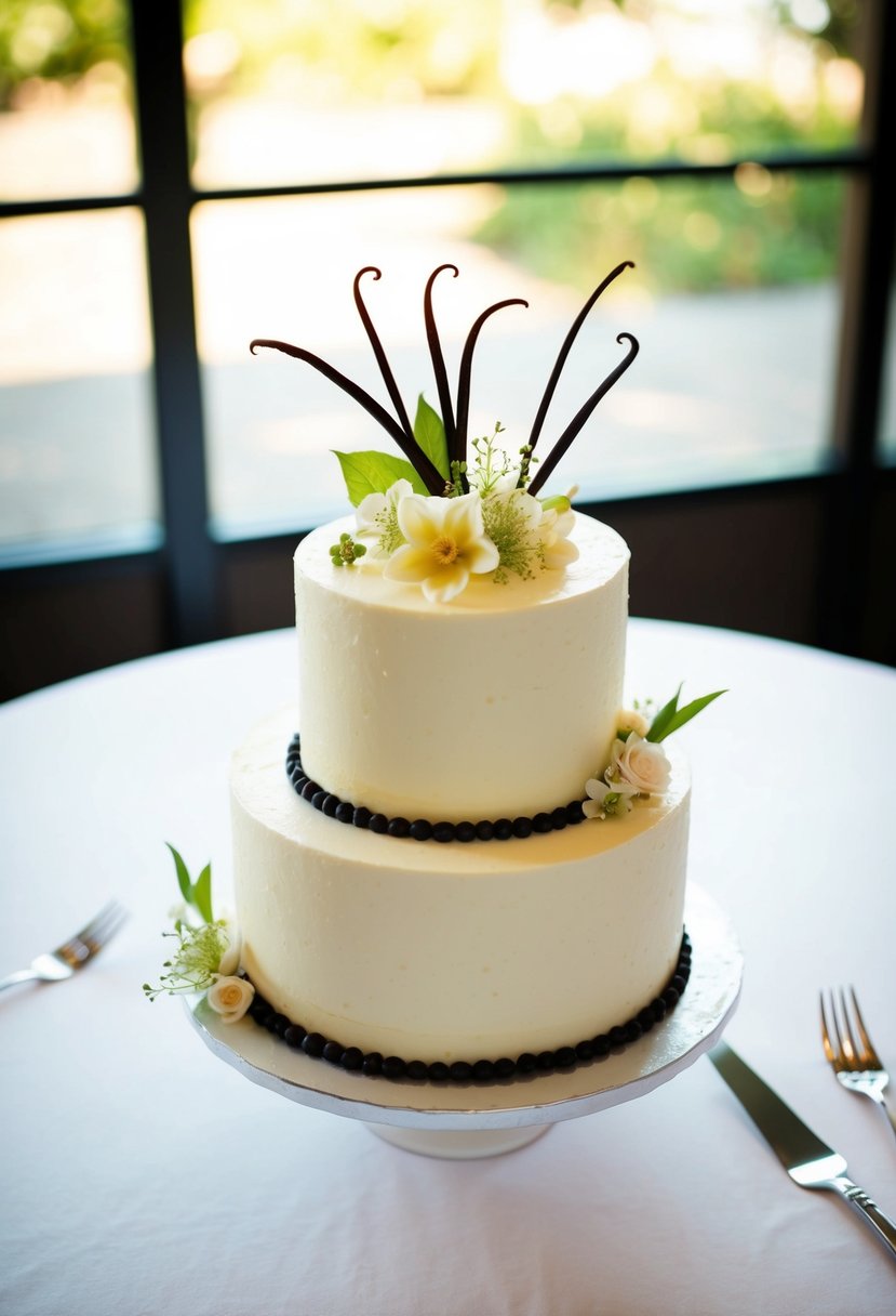 A single-tier wedding cake with classic vanilla bean flavor, adorned with delicate vanilla bean pods and fresh flowers