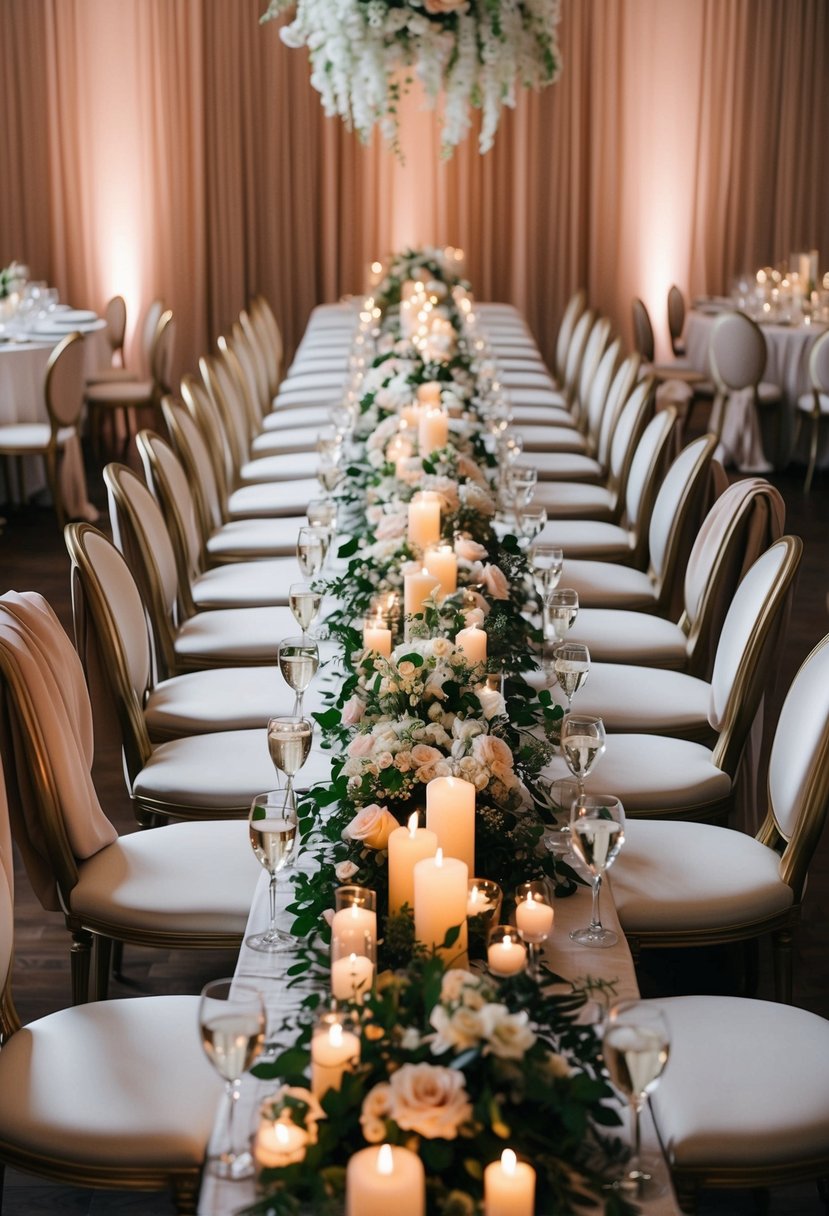 A long, elegant head table adorned with cascading floral centerpieces and soft candlelight, surrounded by luxurious chairs with flowing fabric drapery