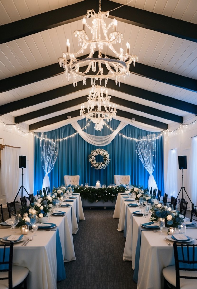 A cozy indoor wedding venue with icy blue decor and twinkling lights, showcasing tips for a cold weather celebration