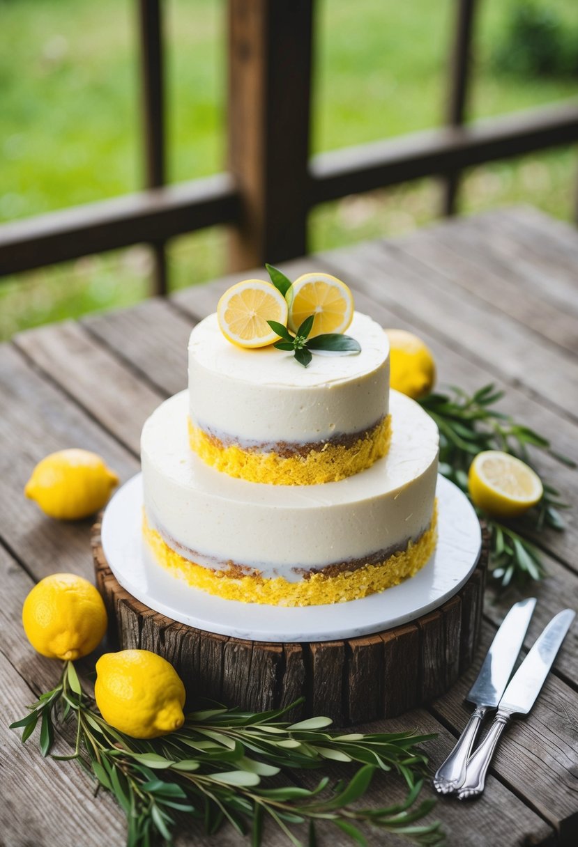 A lemon zest surprise wedding cake sits on a rustic wooden table with fresh lemons and greenery as decoration