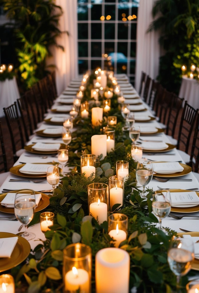 A long head table adorned with lush greenery and flickering candles creates an elegant and romantic atmosphere for a wedding reception