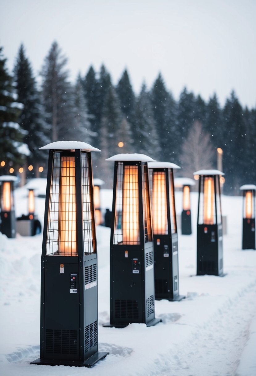 A snowy outdoor wedding with rental heating units placed around the venue to keep guests warm