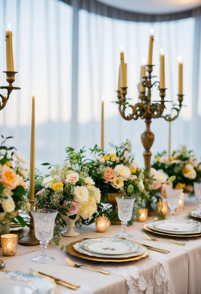 A head table adorned with lace, floral arrangements, vintage china, and antique candelabras