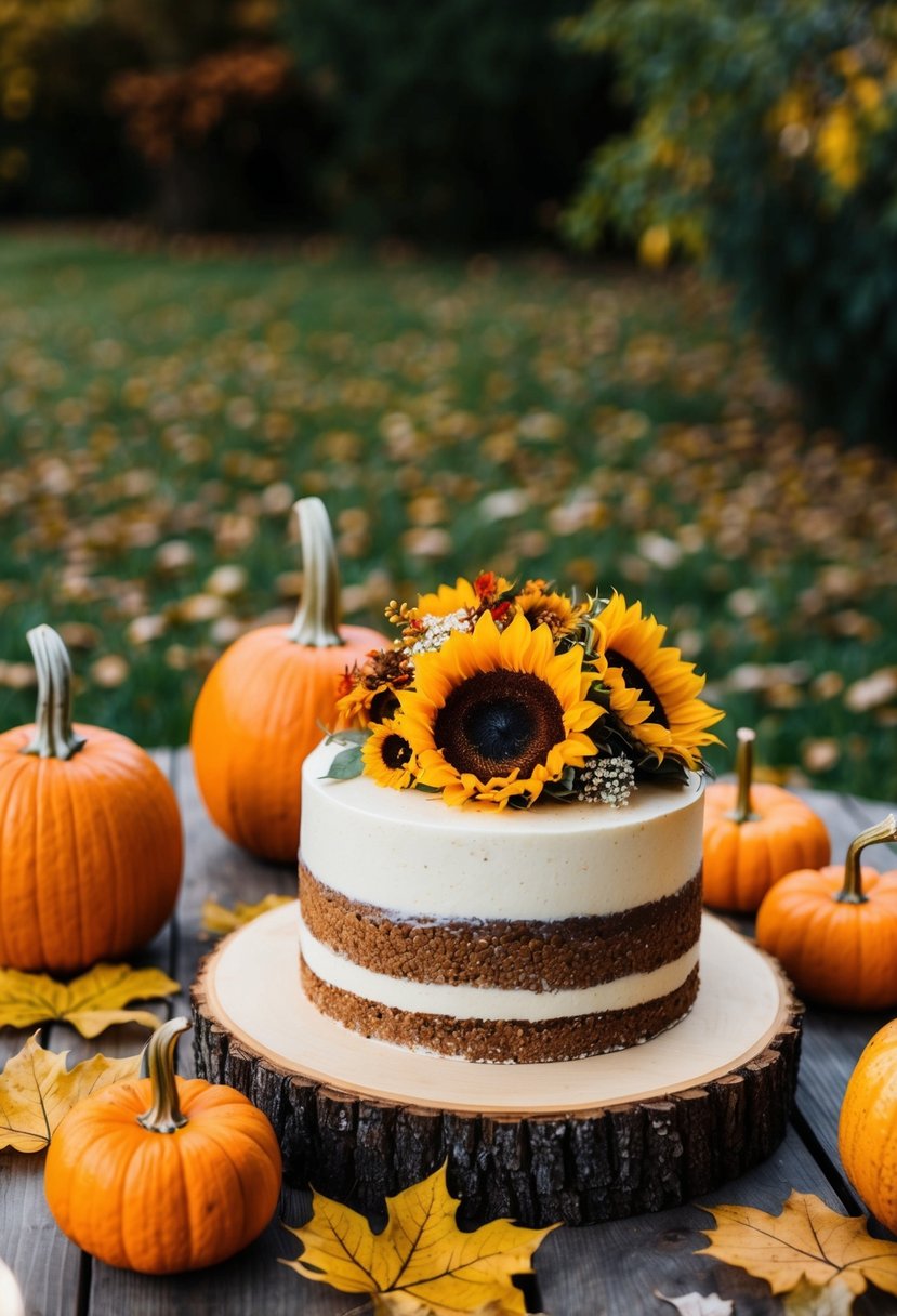 A wooden table adorned with pumpkins, sunflowers, and autumn leaves, with a single-tier wedding cake featuring rustic, harvest-inspired decorations