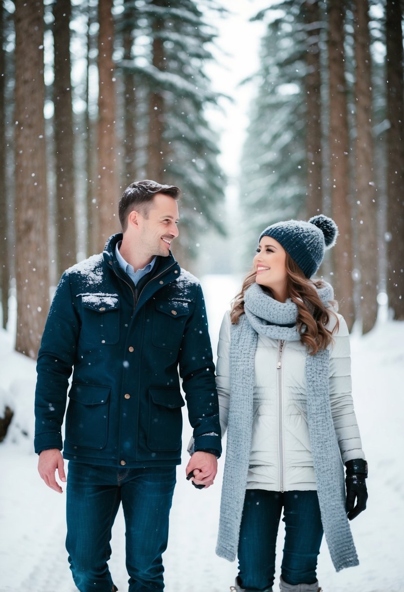 A couple walks through a snowy forest, wearing layered clothing and holding hands. Snowflakes fall gently around them as they smile at each other