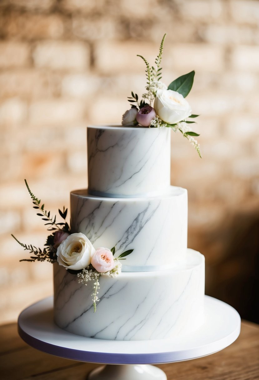 A white marble-textured wedding cake with delicate floral accents on a single tier