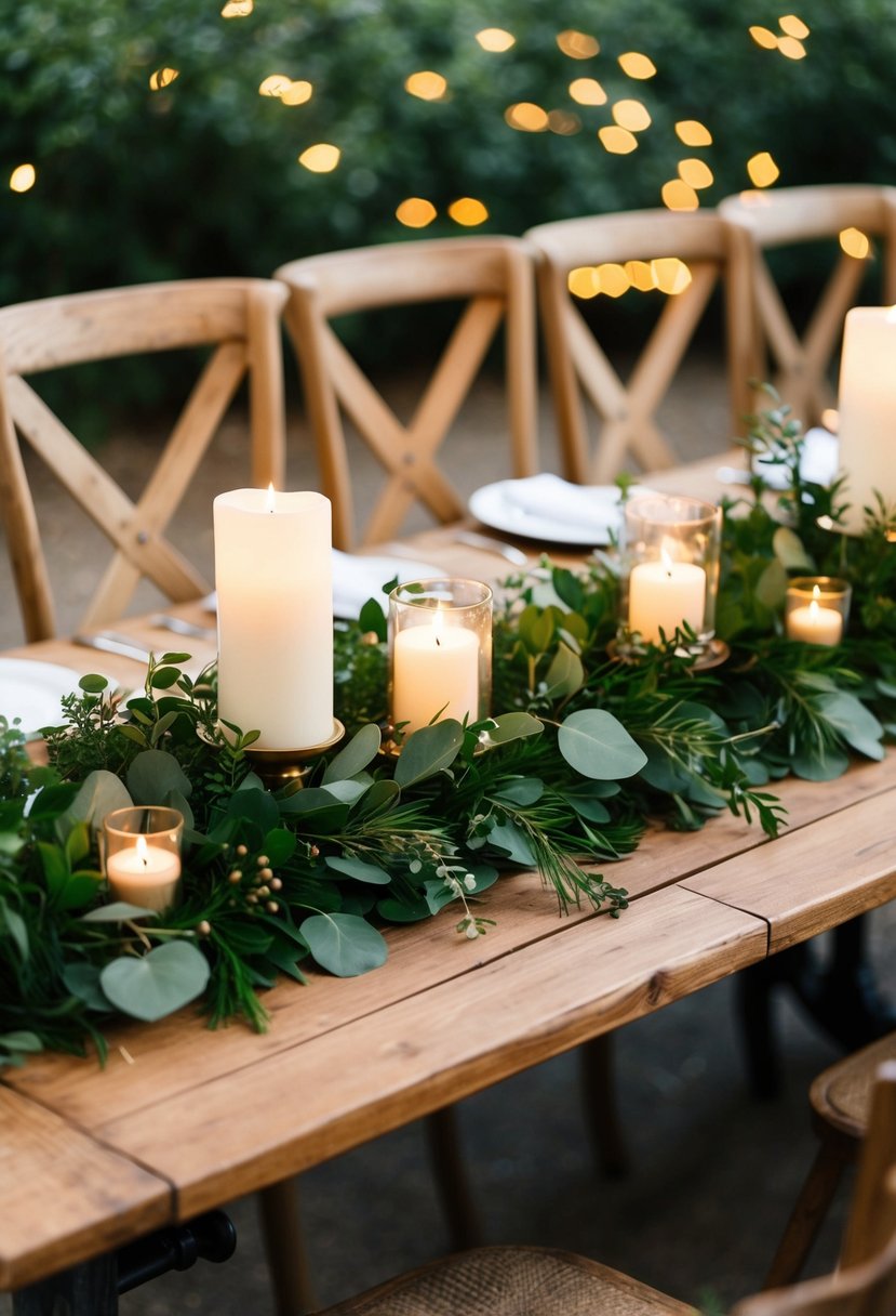 A rustic wooden head table adorned with greenery and soft candlelight