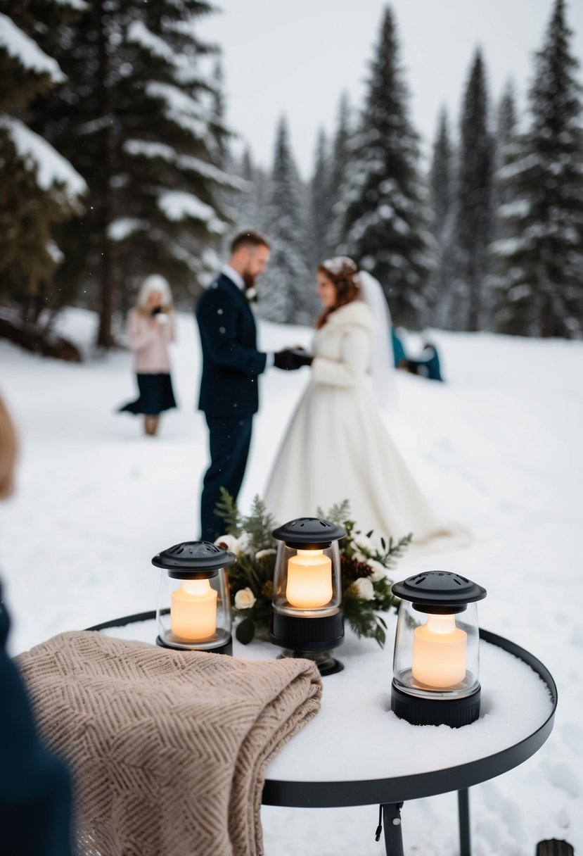 A snowy outdoor wedding with a table of hand warmers and cozy blankets for guests