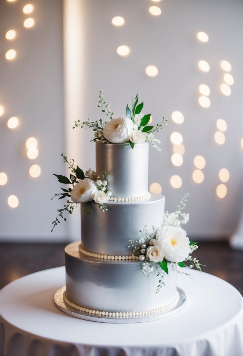 A gleaming silver one-tier wedding cake adorned with delicate floral accents and shimmering edible pearls