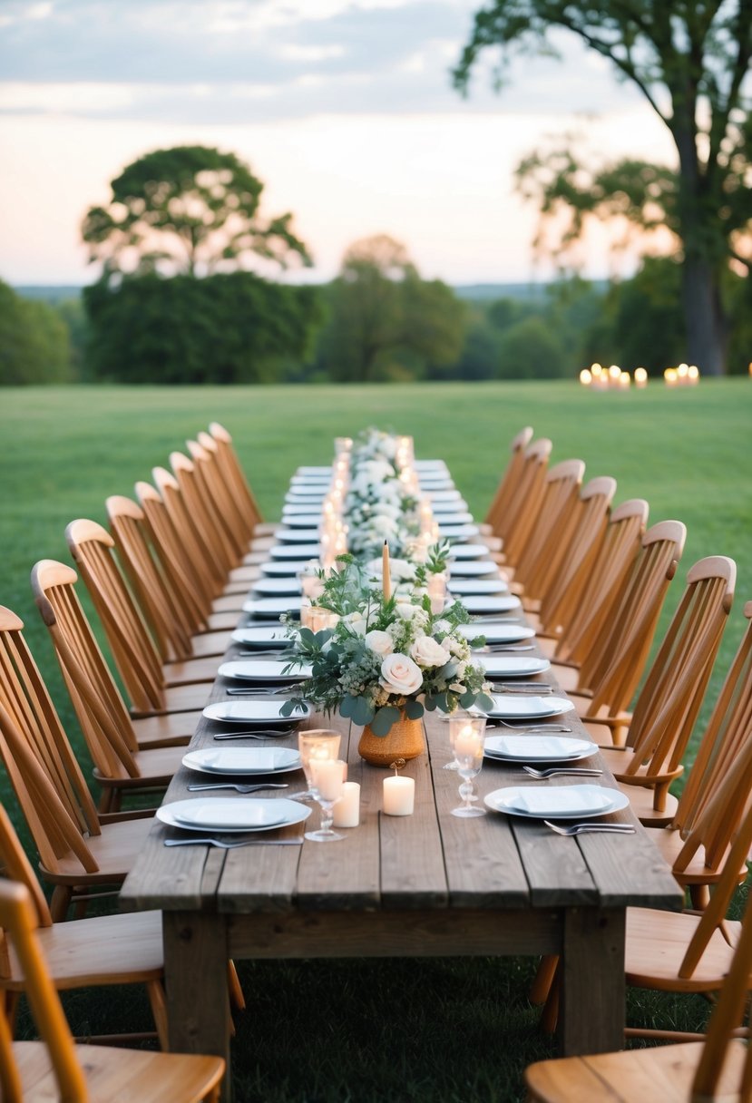 A row of Adirondack chairs arranged around a rustic wooden head table, adorned with floral centerpieces and soft candlelight