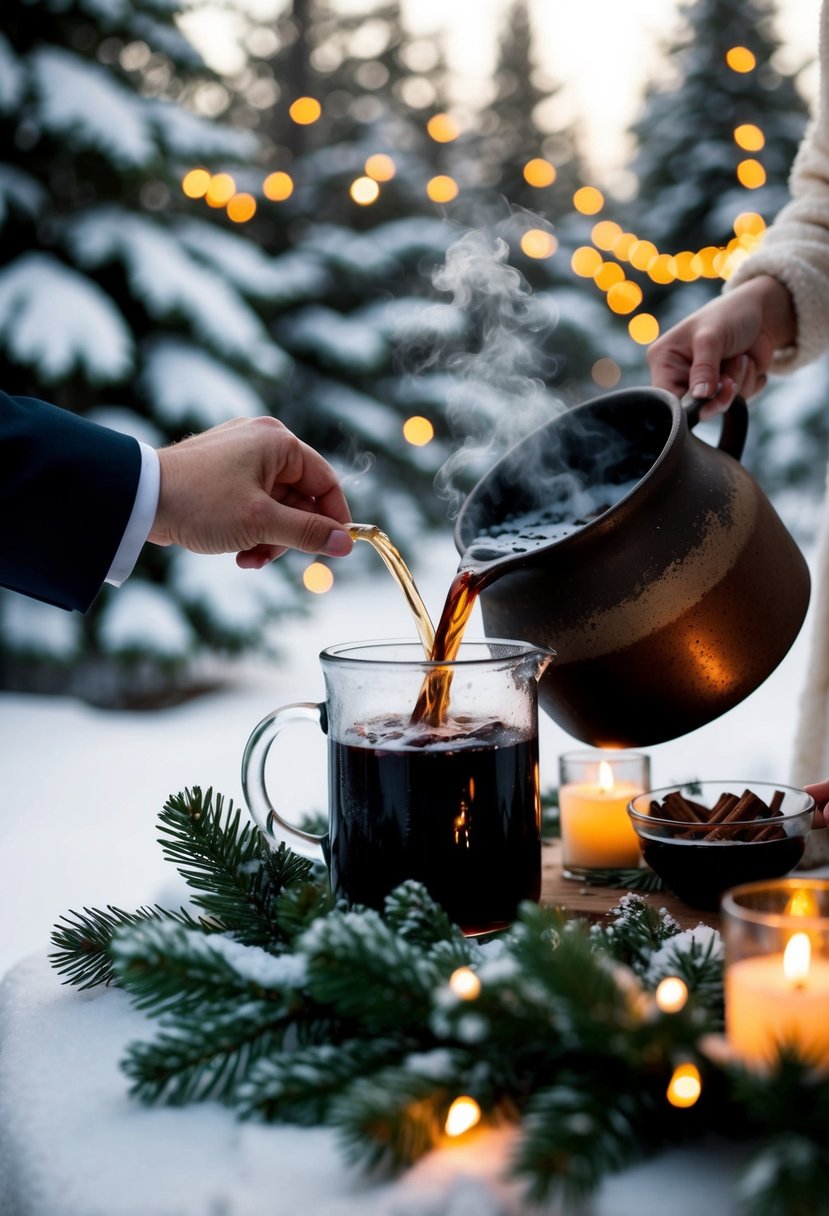 A cozy winter wedding scene with steaming mulled wine being served from a rustic pot, surrounded by snow-covered pine trees and twinkling lights