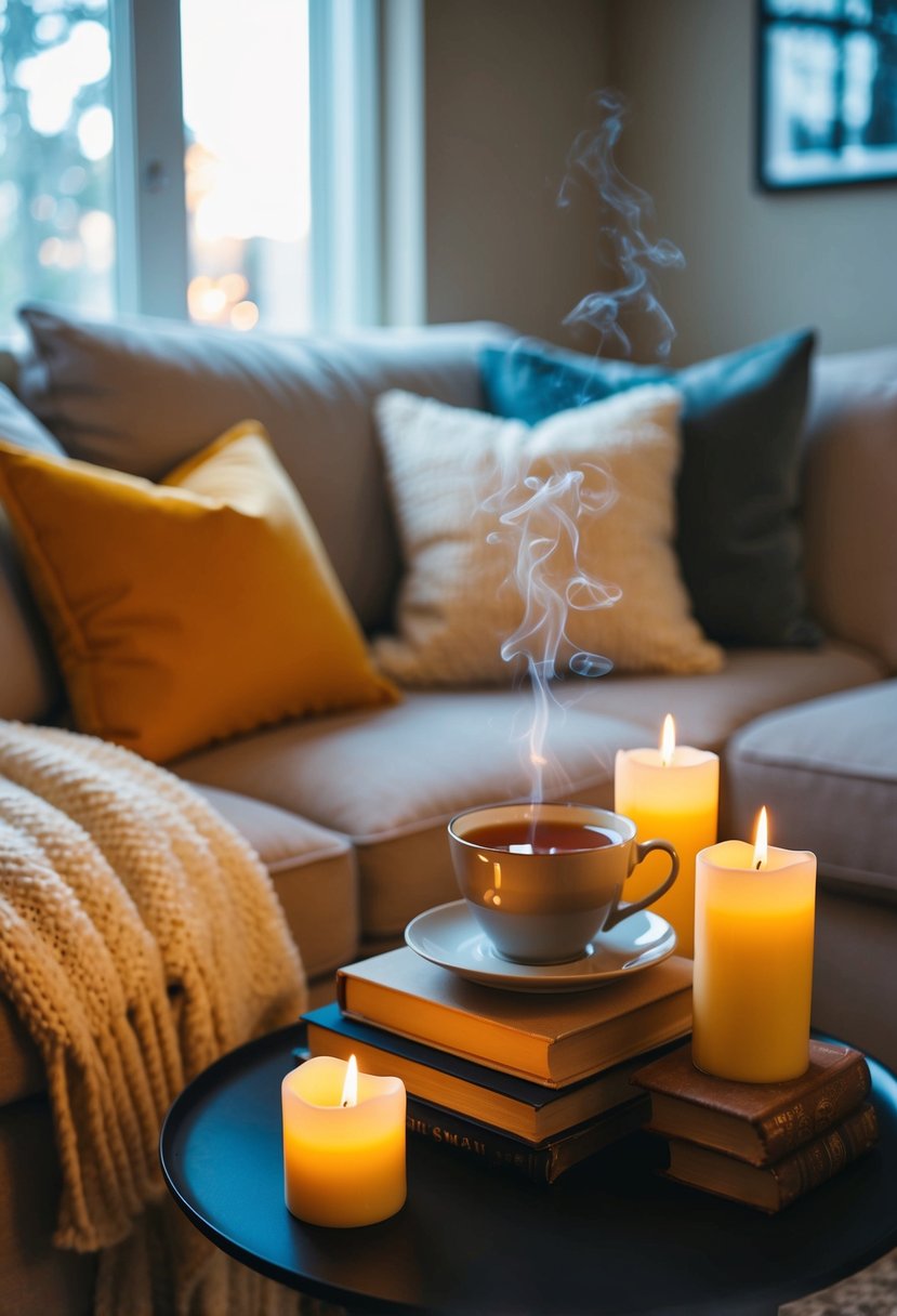 A warm, inviting living room with soft blankets, plush pillows, and flickering candles. A steaming cup of tea sits on a side table next to a stack of books