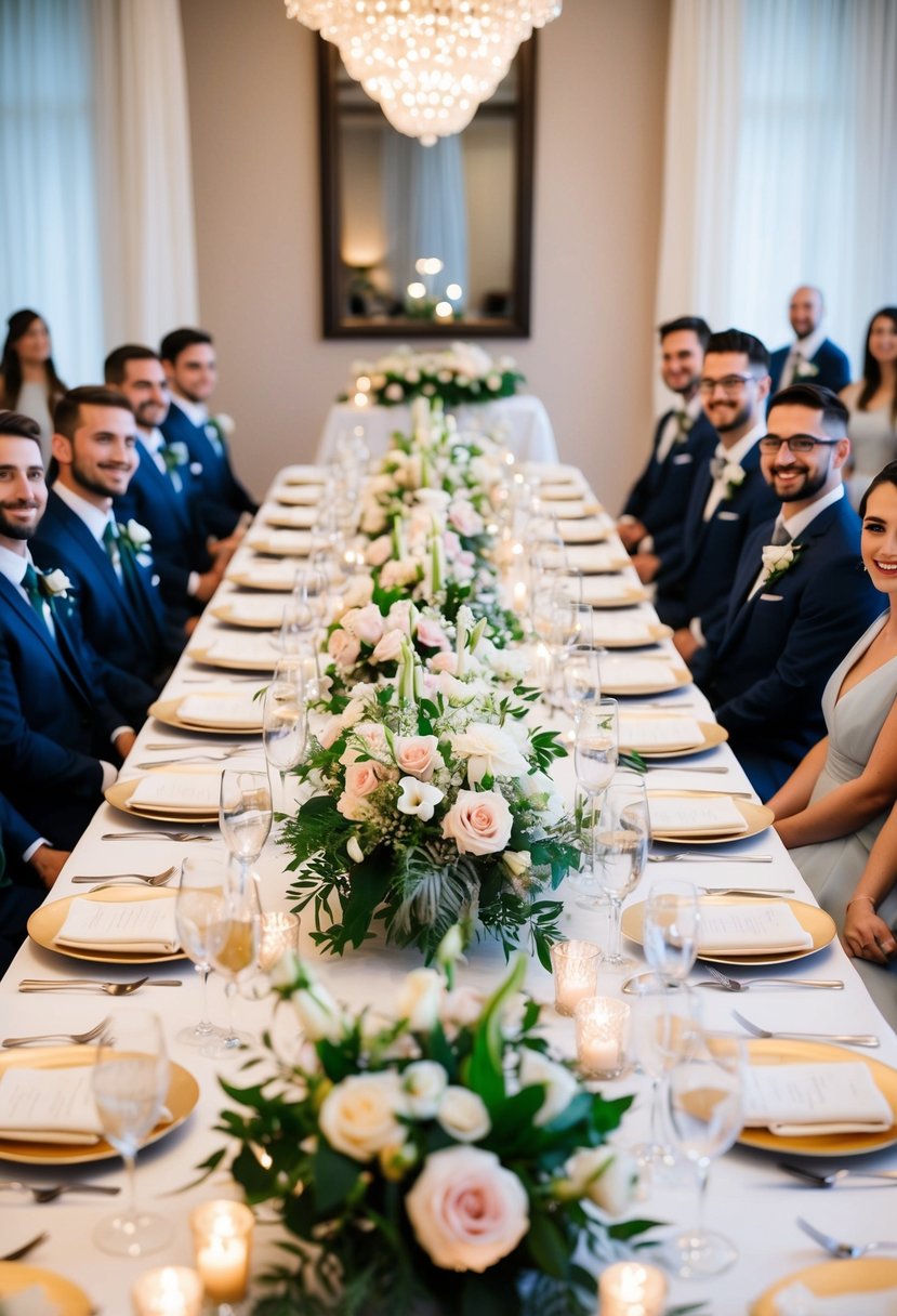 A long table adorned with elegant floral centerpieces, set for a wedding head table with seating for bridesmaids and groomsmen