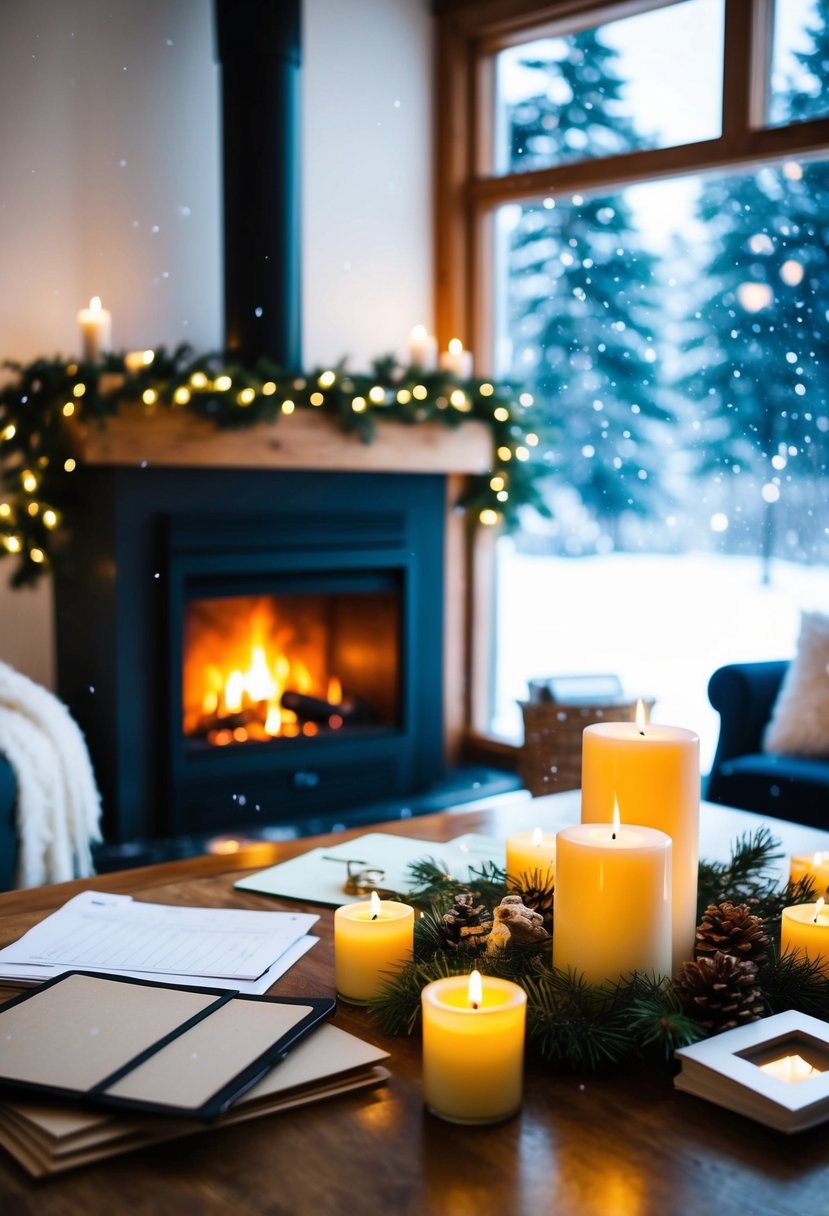 A cozy living room with a crackling fireplace, snow falling outside, and a table adorned with seasonally-scented candles and wedding planning materials