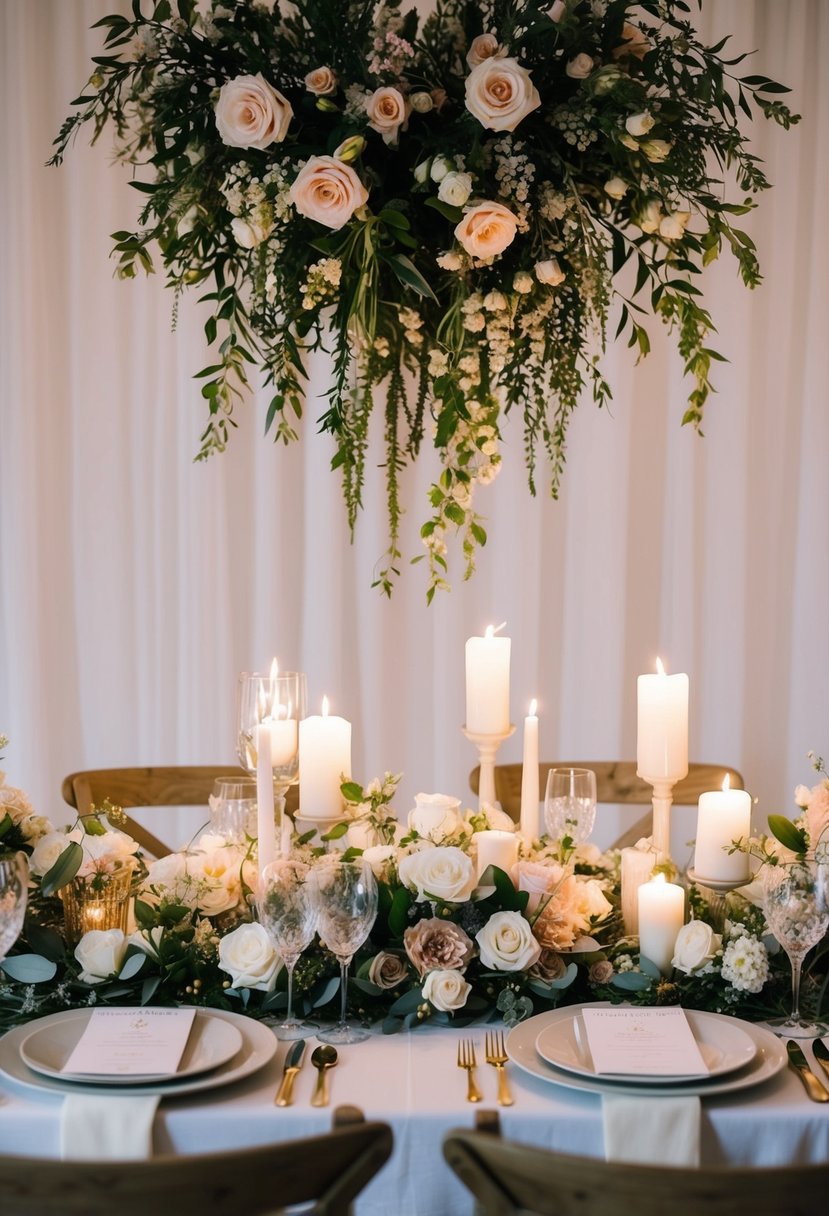 A sweetheart table adorned with romantic decor: cascading florals, soft candlelight, and elegant table settings