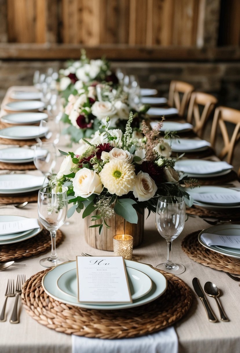 A rustic harvest table adorned with elegant floral centerpieces and place settings for a bridal party