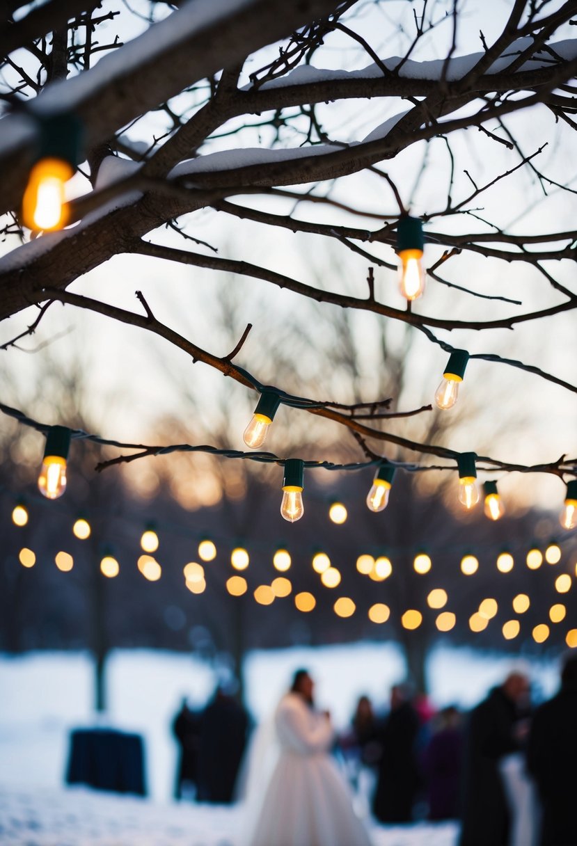 Twinkle lights hang from bare tree branches, casting a warm glow over a snowy outdoor wedding setting