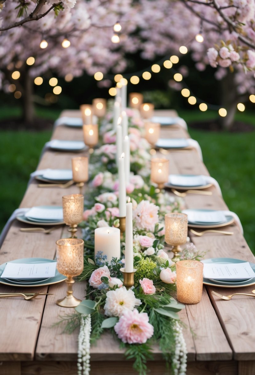 A long, rustic wooden table adorned with pastel flowers, greenery, and delicate candles. The soft glow of fairy lights and a backdrop of blooming cherry blossoms complete the spring garden vibes