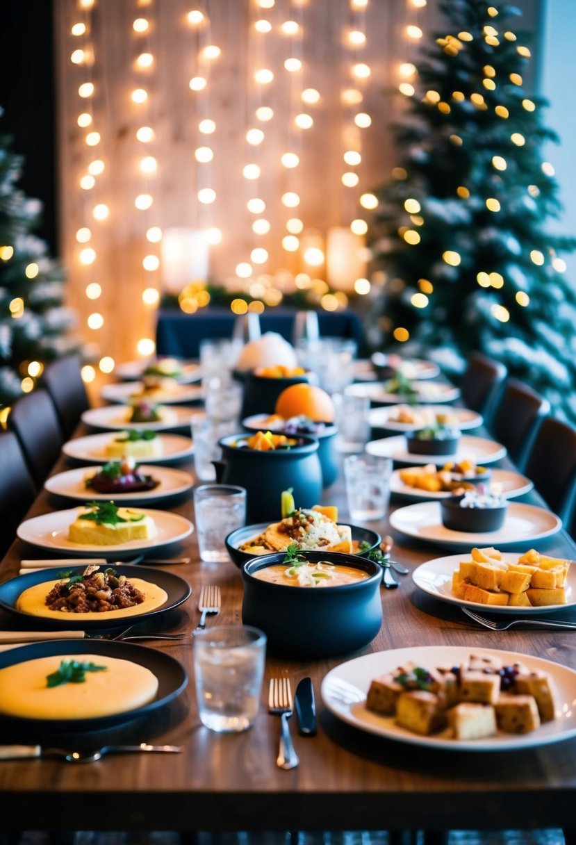 A table set with a variety of cold seasonal menu items, surrounded by winter-themed decor and twinkling lights