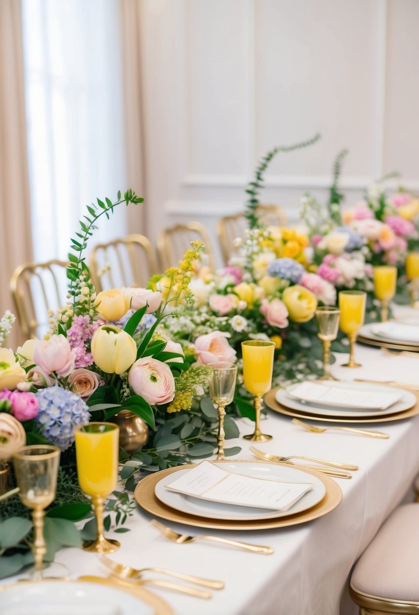 A long head table adorned with vibrant spring flowers in pastel shades, paired with elegant gold accents and delicate greenery