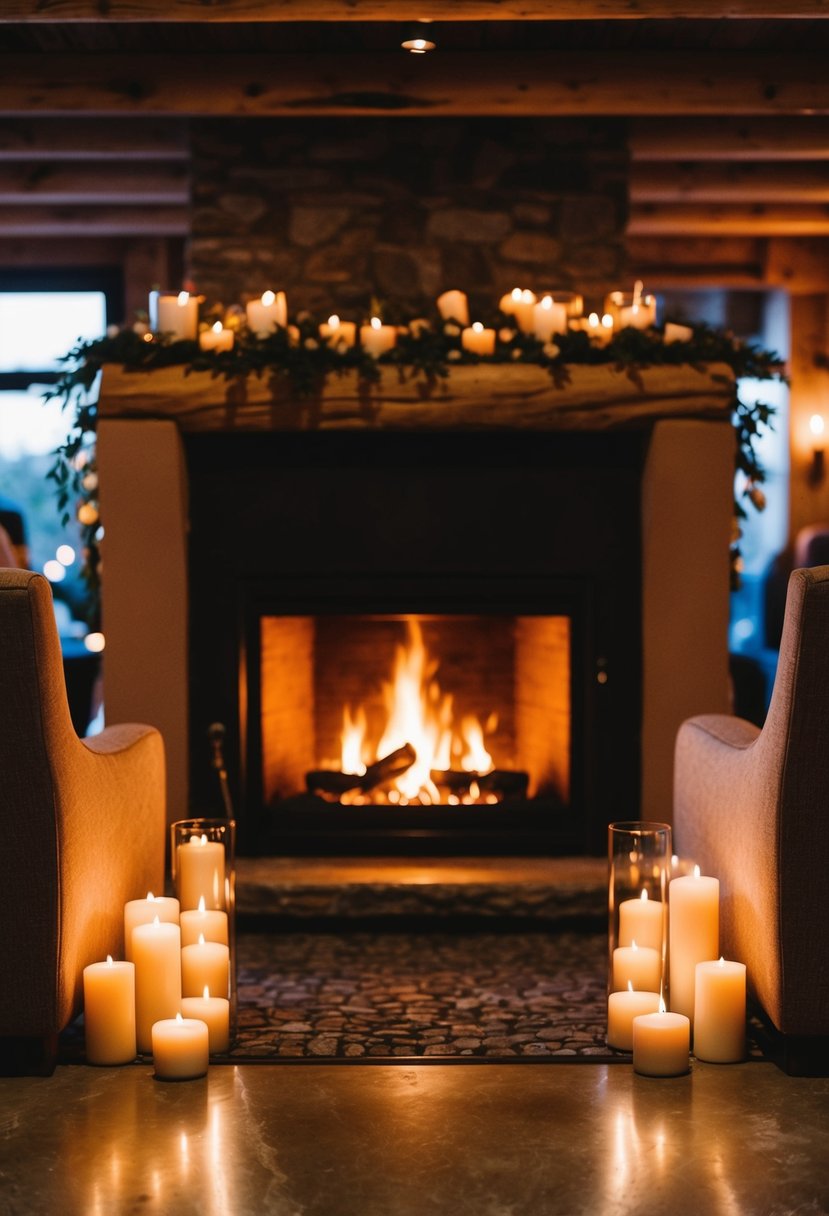 A cozy fireplace crackles in a rustic venue, surrounded by flickering candles and plush seating, creating a warm and inviting atmosphere for a cold wedding