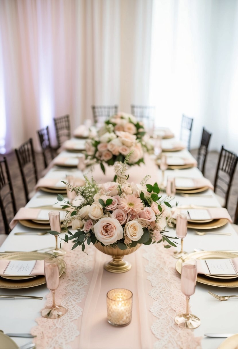 A head table adorned with soft pink and neutral floral arrangements, delicate lace table runners, and elegant place settings