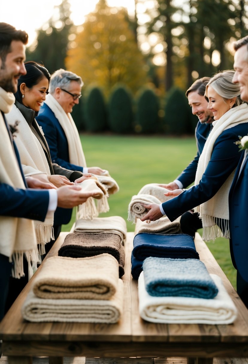 Guests receive warm shawls at an outdoor wedding. A table displays a variety of cozy options as people reach for them