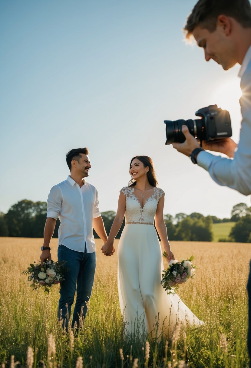 A couple stands in a sunlit field, holding hands and gazing at each other with joy. A photographer adjusts their camera, capturing the perfect pre-wedding moment