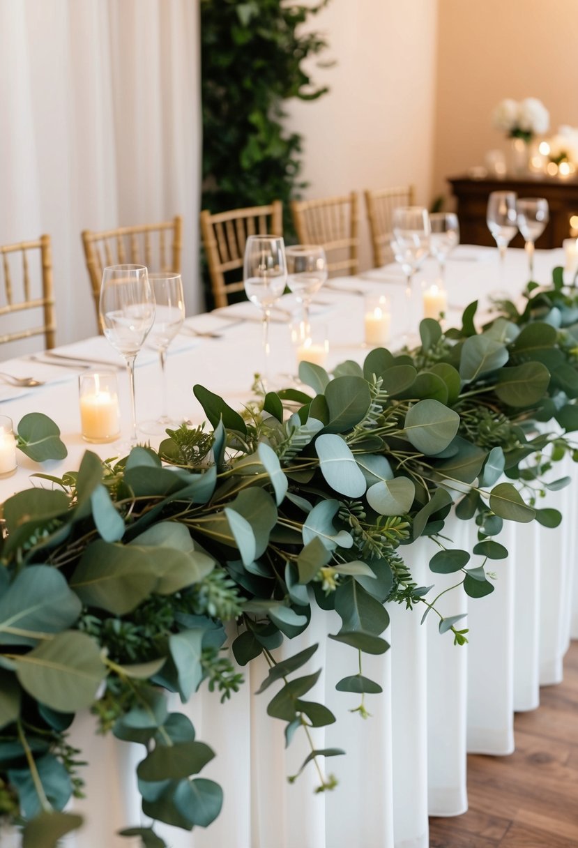 An elegant wedding head table adorned with a lush artificial Eucalyptus Garland draped along the front edge, creating a natural and romantic atmosphere