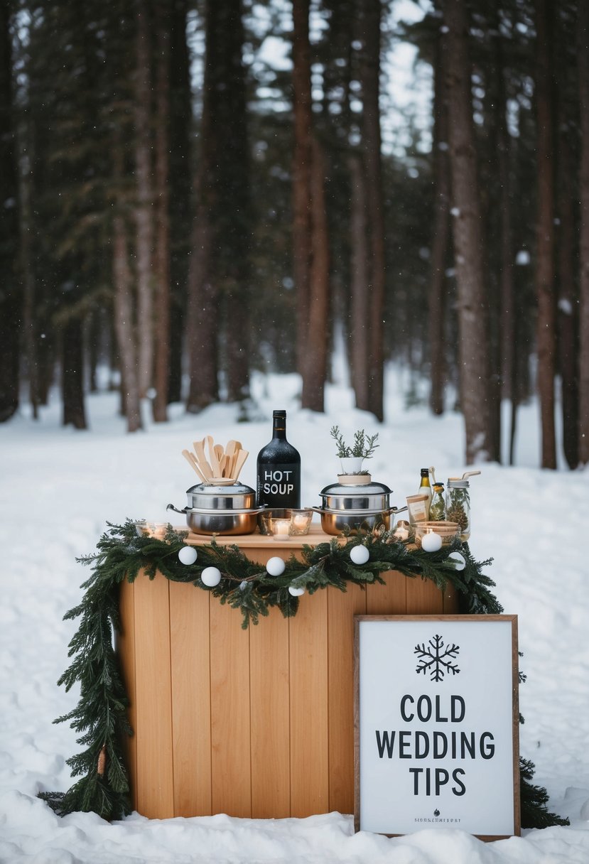 A cozy hot soup bar with winter decor and a sign for "Cold Wedding Tips" nestled in a snowy landscape