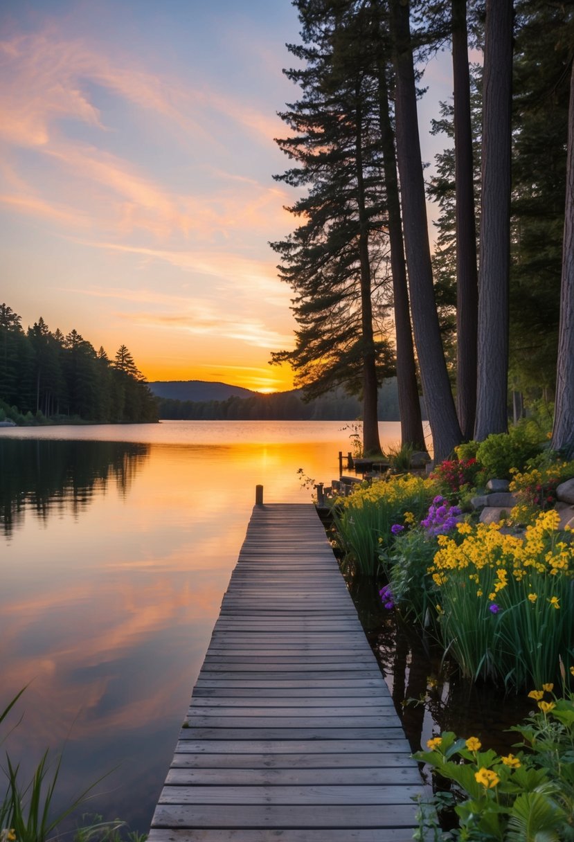 A serene lakeside at sunset, with a wooden dock extending into the water and surrounded by tall trees and colorful flowers