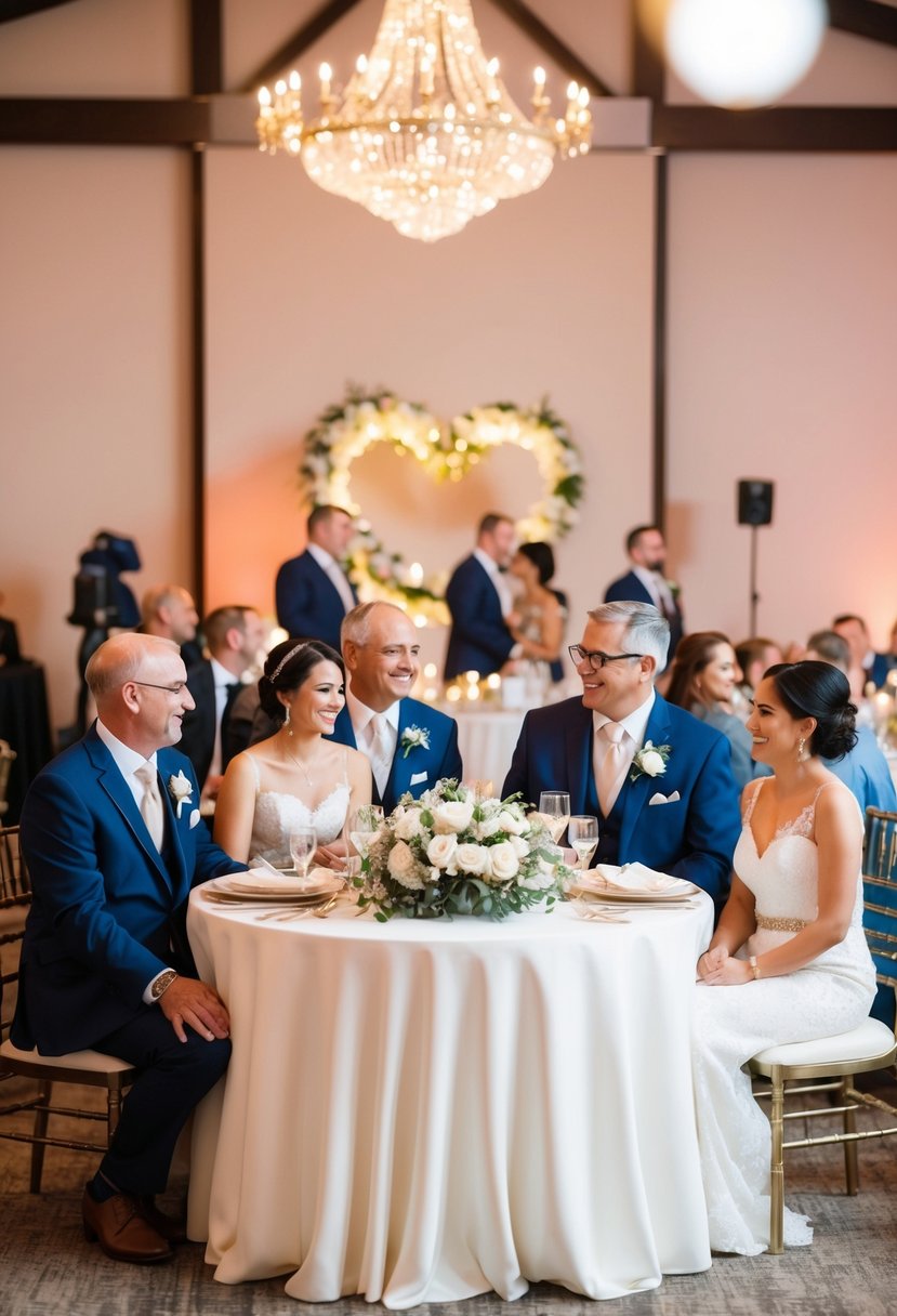 A beautifully decorated sweetheart table with family members seated around it at a wedding reception