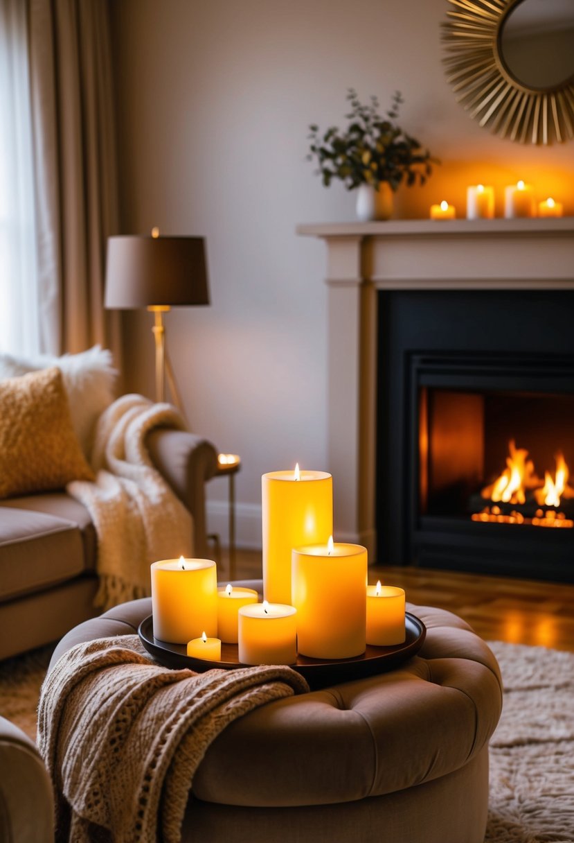 A warm, softly lit room with glowing candles, a crackling fireplace, and cozy blankets draped over plush furniture