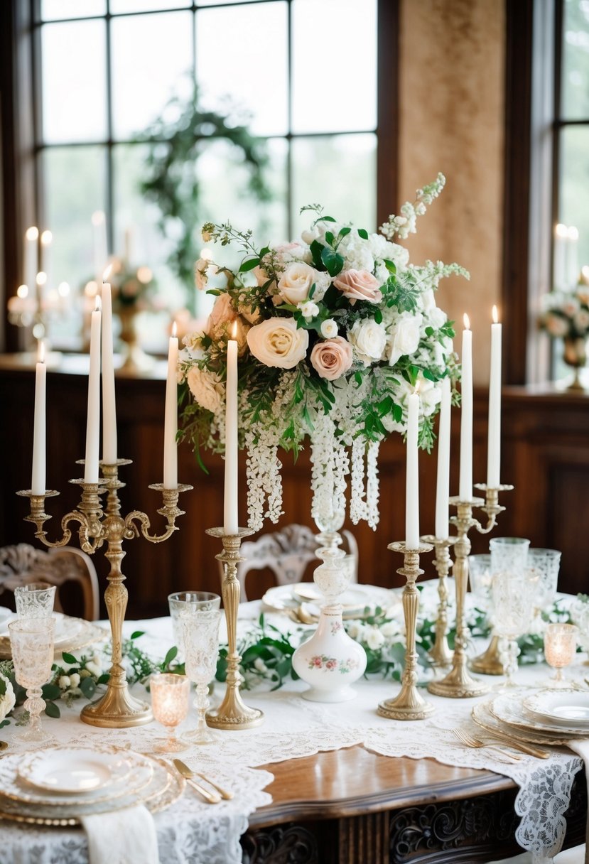 An ornate wooden table adorned with vintage lace, candlesticks, and delicate china. A cascading floral centerpiece adds a touch of romance to the elegant display