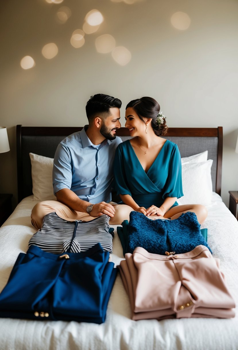 A couple lays out their outfits on a bed, coordinating colors and styles for their pre-wedding photoshoot