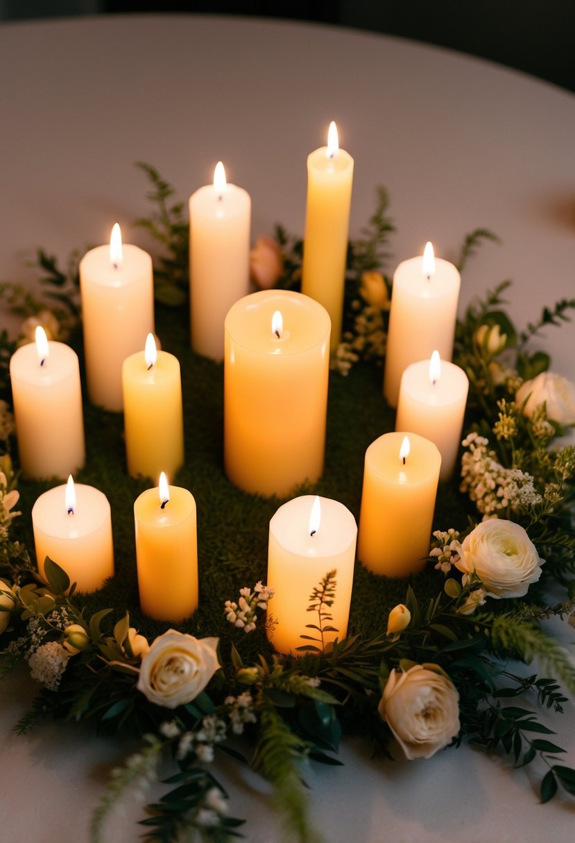 A circular arrangement of lit candles in varying heights, surrounded by delicate greenery and soft florals, casting a warm and intimate glow