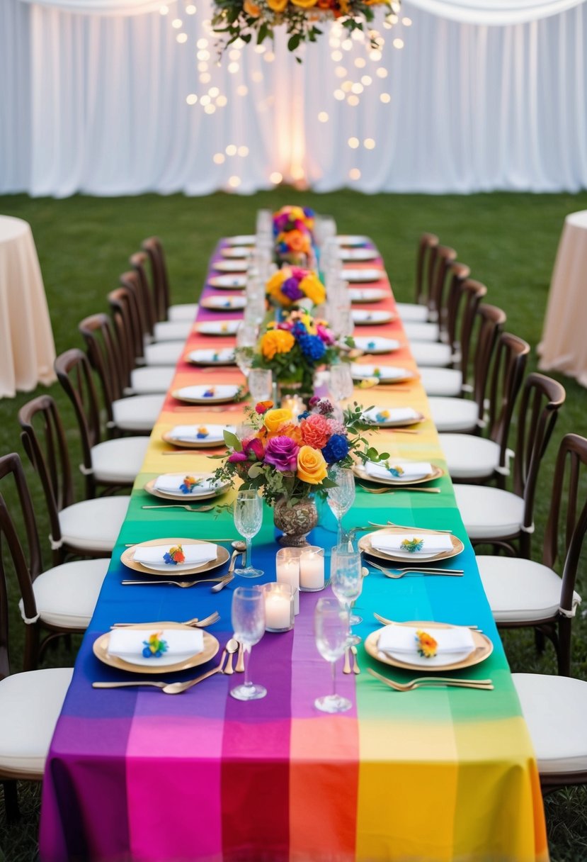 A long king's table set with a rainbow ombre tablecloth, adorned with colorful floral centerpieces and elegant place settings