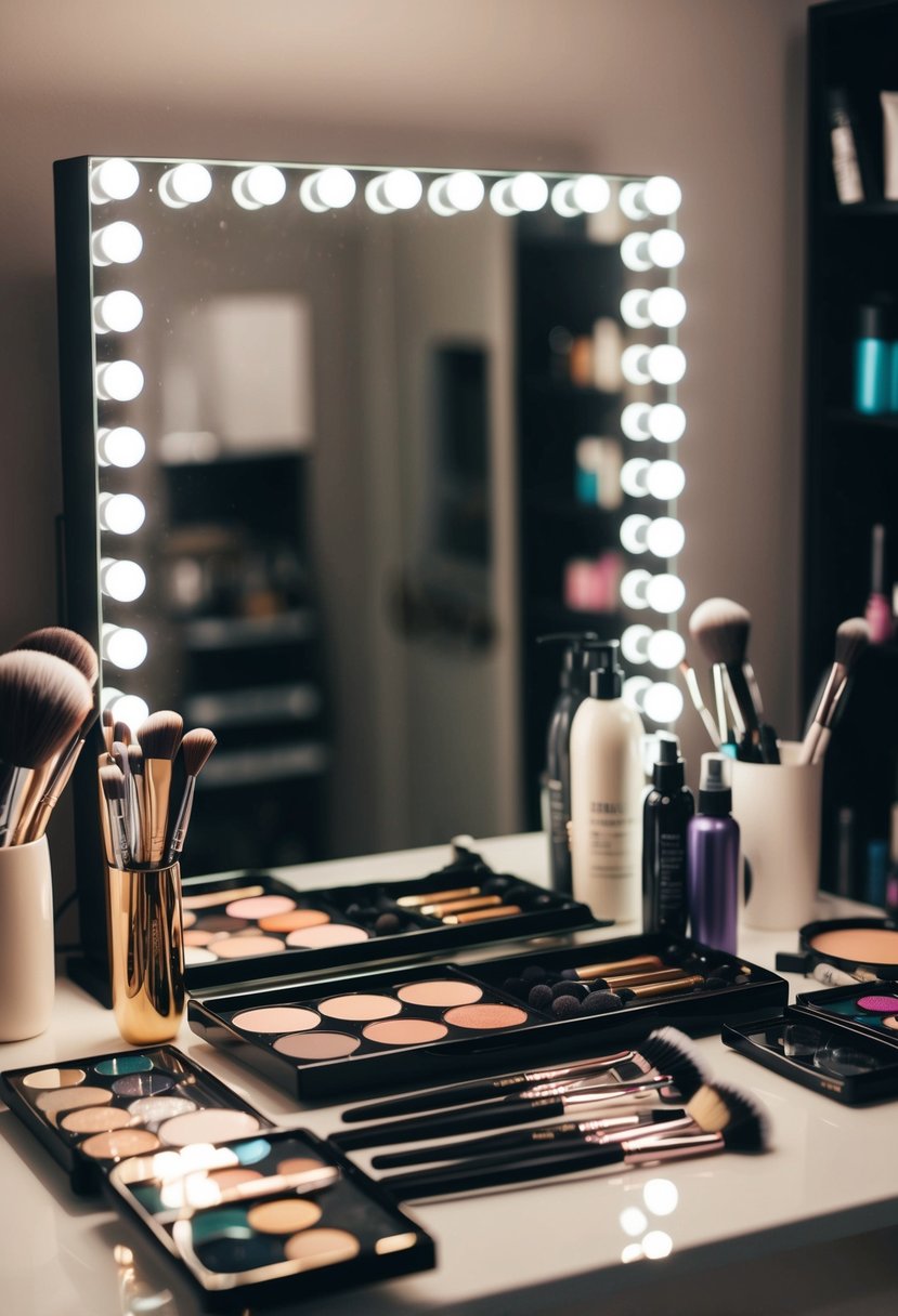 A makeup artist's table with brushes, palettes, and a mirror, surrounded by hair styling tools and products