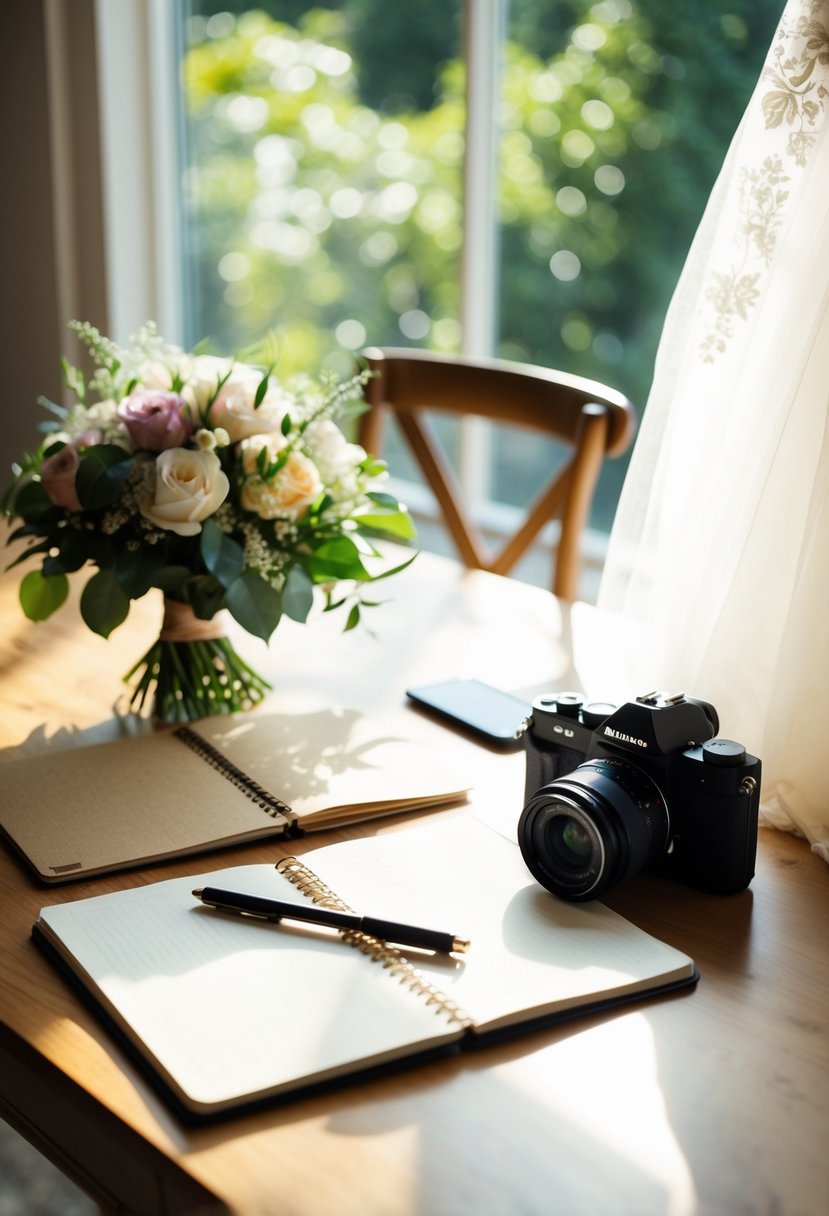 A table set with a camera, notebook, and pen. A bouquet of flowers and a wedding dress draped over a chair. Sunshine streaming through a window