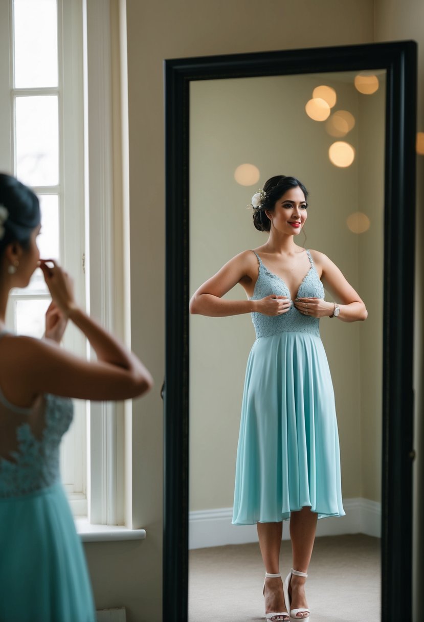 A figure stands before a mirror, adjusting their posture and expression in preparation for a wedding photoshoot