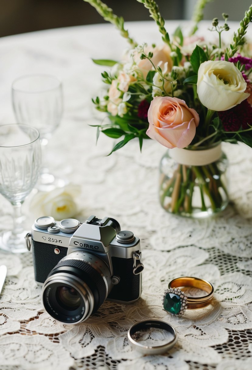 A table set with wedding rings, flowers, and a camera on a lace tablecloth in soft natural light