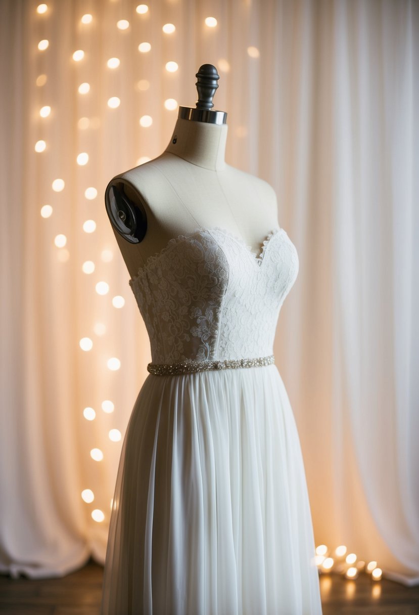 A mannequin wearing a flowing strapless wedding dress with delicate lace details, set against a backdrop of soft, romantic lighting