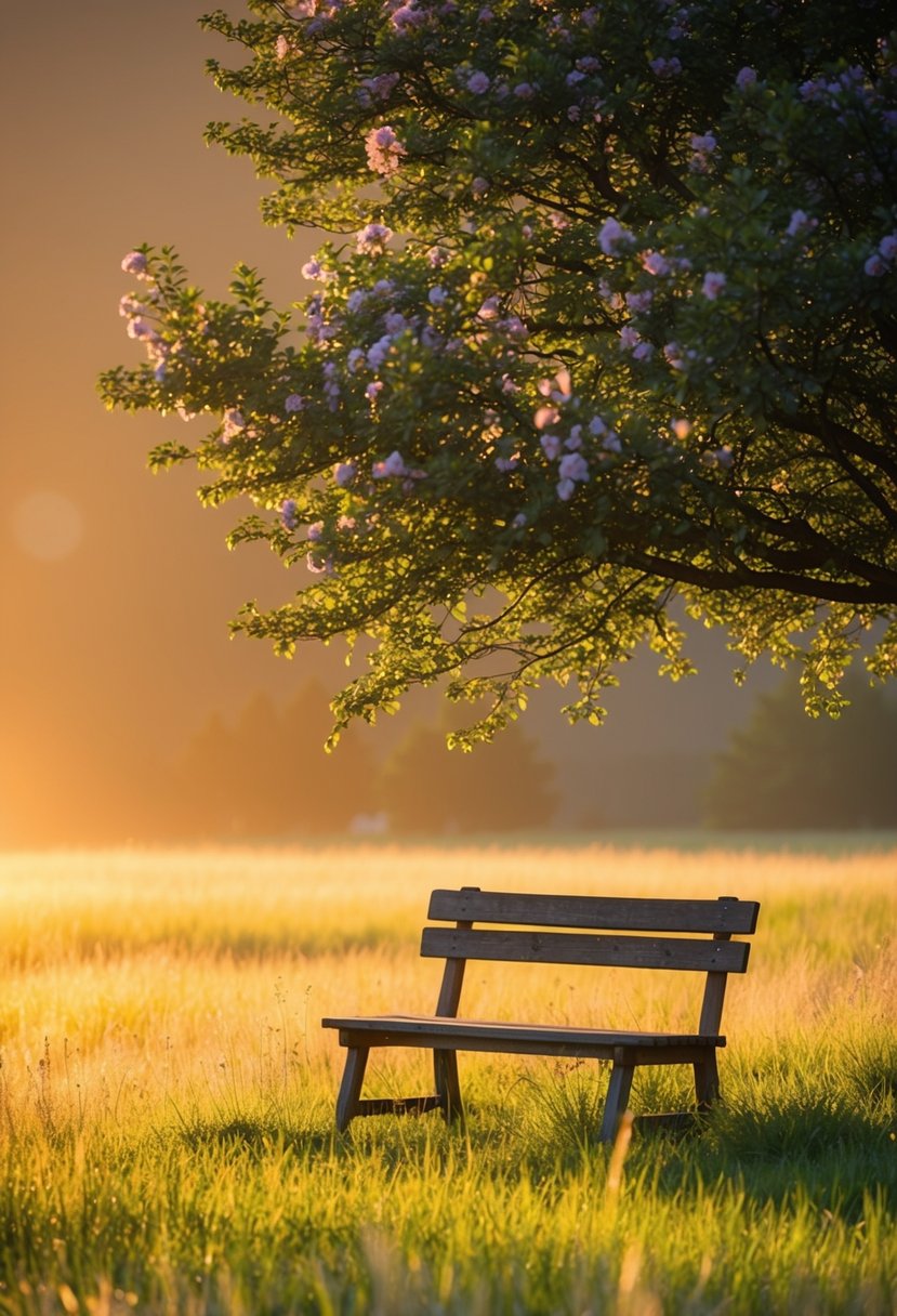 The golden hour casts a warm glow over a serene meadow, with a rustic wooden bench nestled under a flowering tree