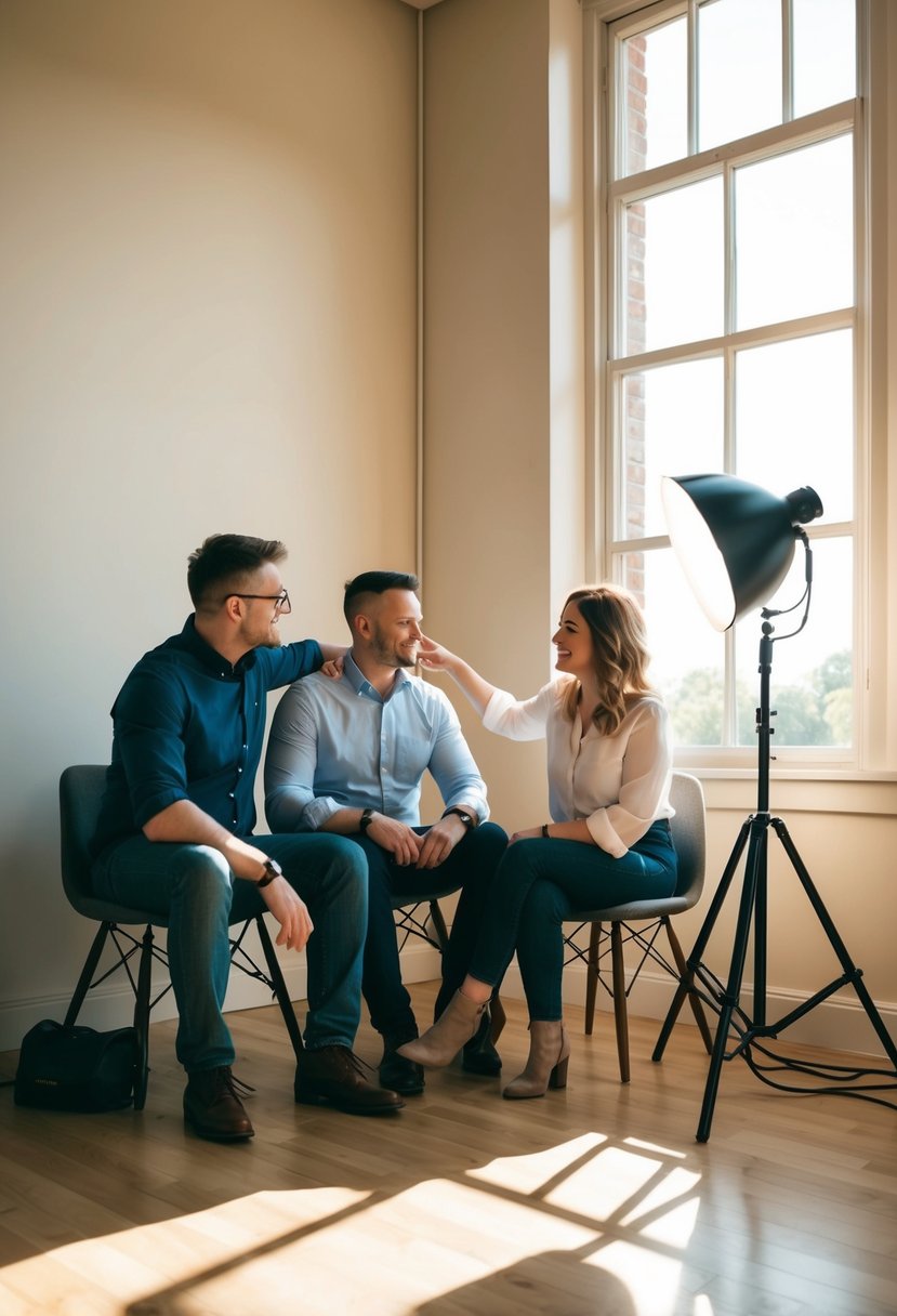 A couple sits with their photographer, pointing to different lighting setups. Sunlight streams through a window, casting warm and soft shadows on the room