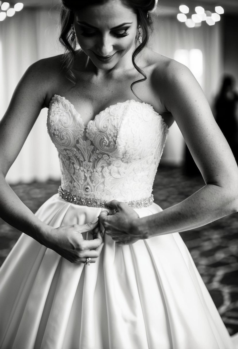 A bride adjusting the waist of a strapless wedding dress, ensuring a snug fit to prevent slipping