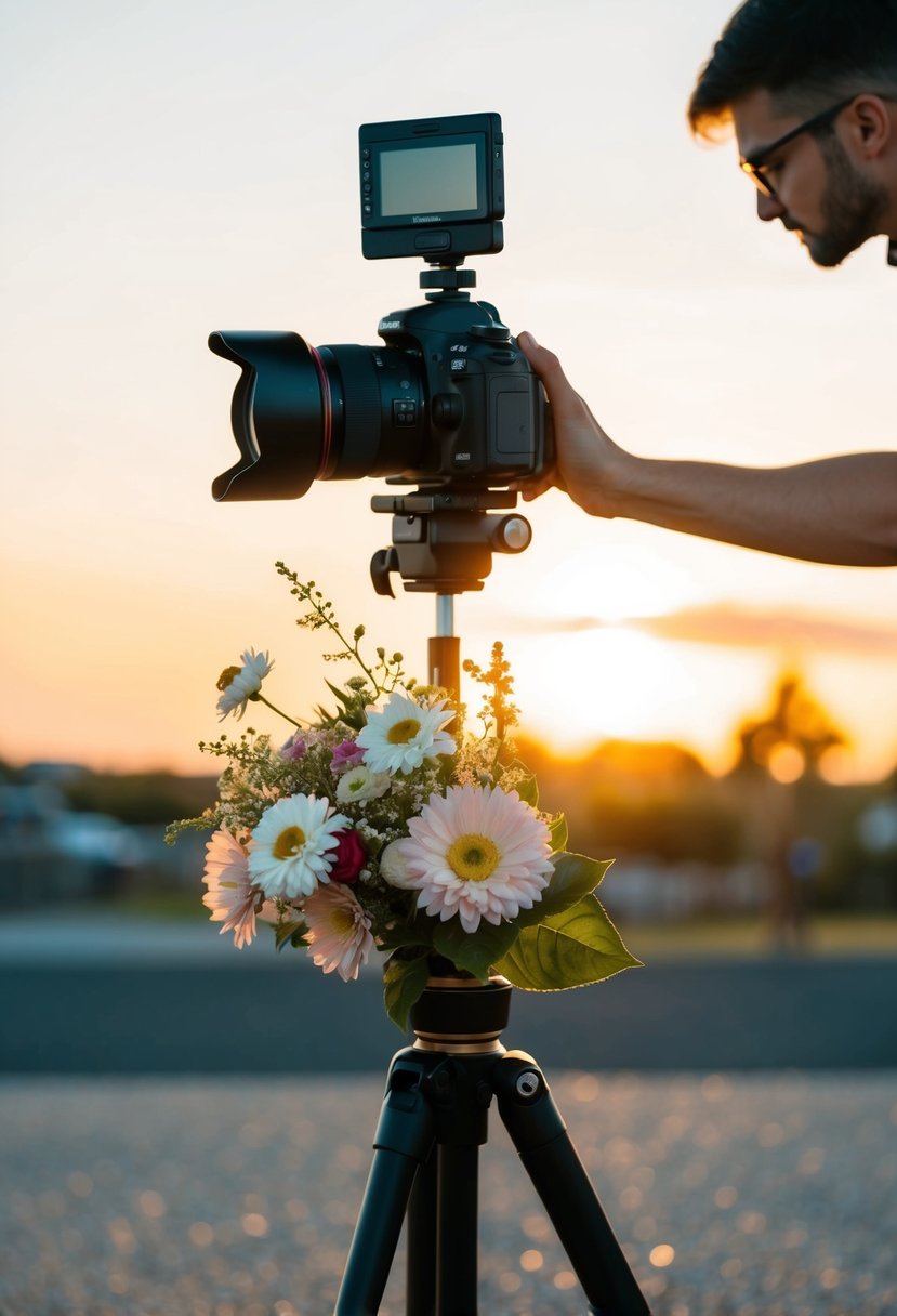 A camera on a tripod capturing a bouquet of flowers from a low angle, with the sun setting in the background