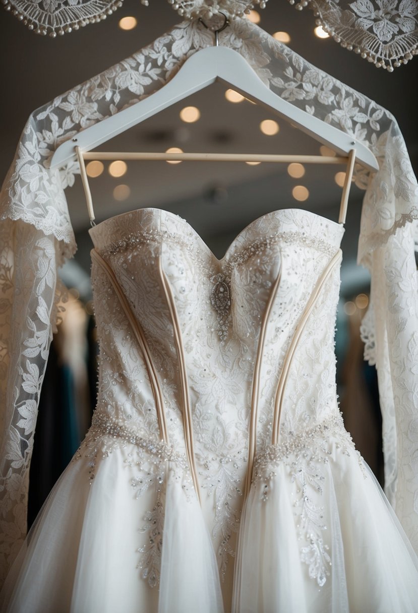 A strapless wedding dress with boning for added support hangs on a mannequin, surrounded by delicate lace and intricate beading