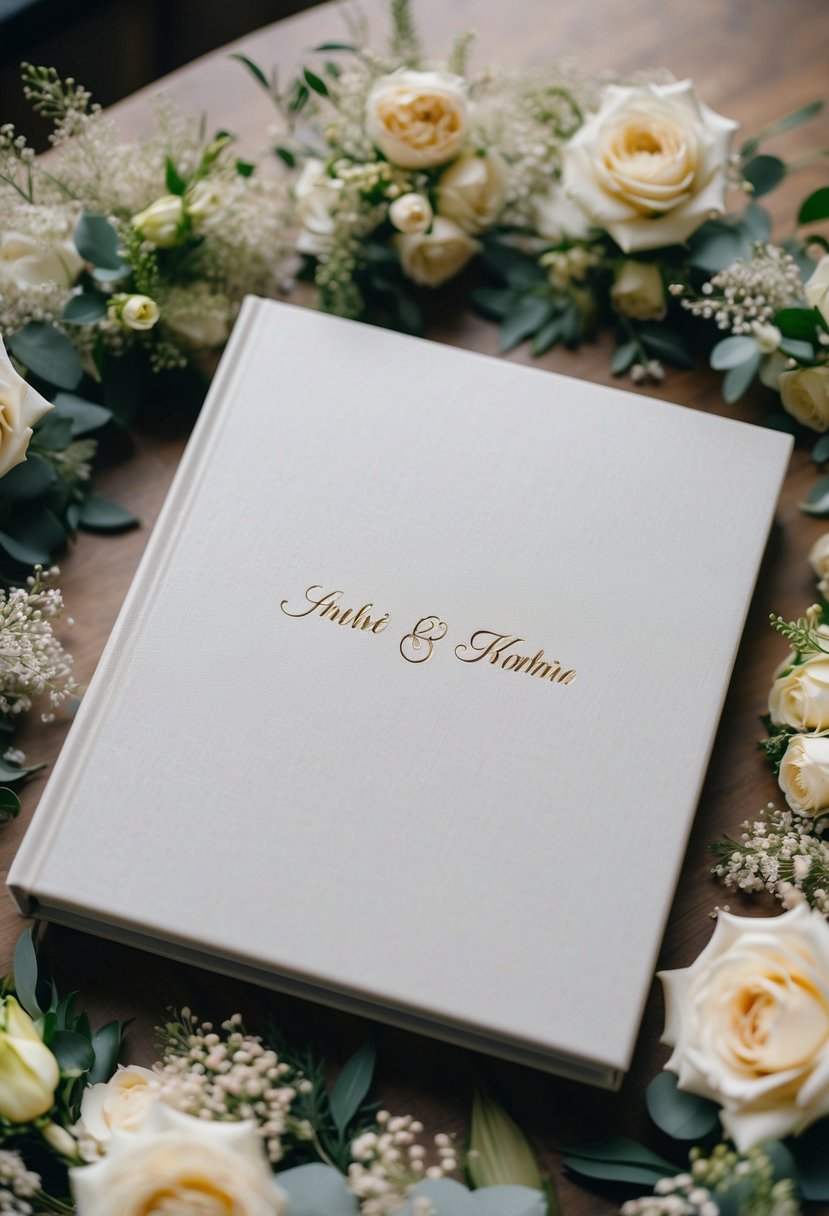 A custom-made wedding photo album with the couple's names engraved on the cover, surrounded by delicate floral decorations