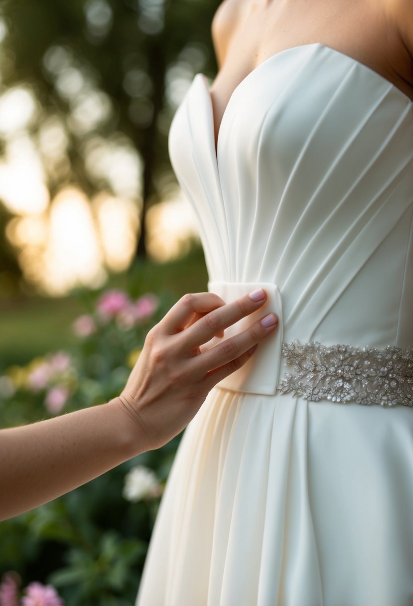 A hand reaching for a silicone grip on a strapless wedding dress, ensuring a secure fit