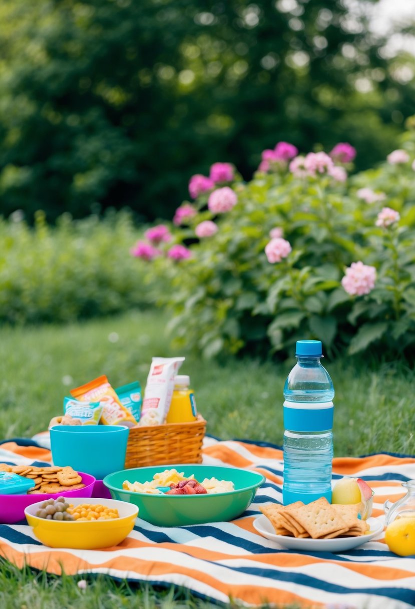 A picnic blanket with a variety of snacks and a water bottle, set against a backdrop of lush greenery and blooming flowers